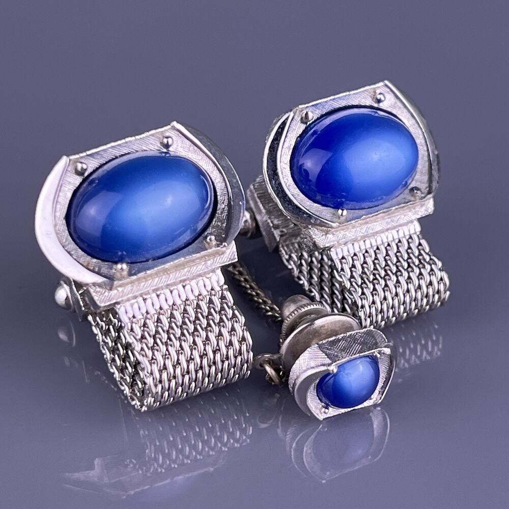 Blue Cabochon Wrap Around Cufflinks Tie Pin Silver Tone Swank Oval Vintage